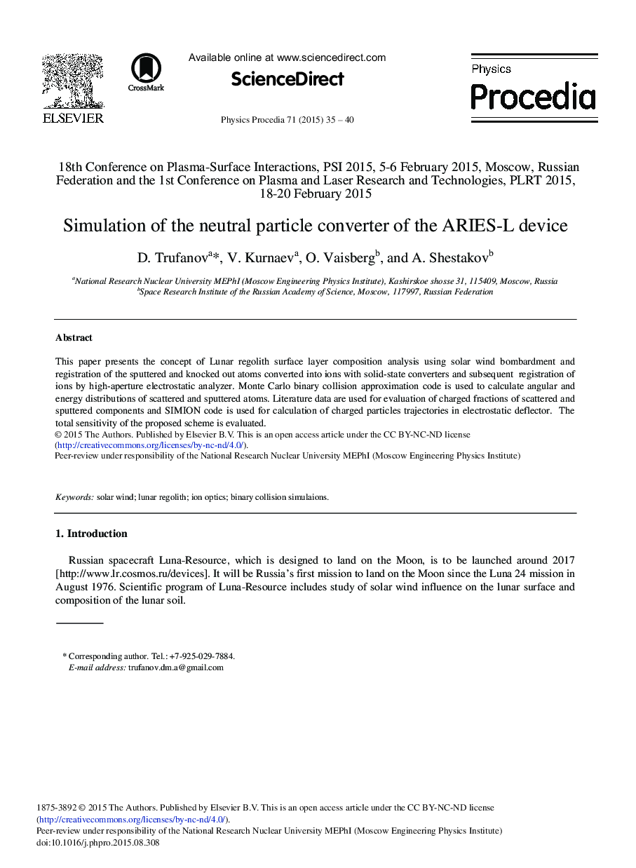 عکس صفحه اول مقاله: Simulation of the Neutral Particle Converter of the ARIES-L Device Simulation of the Neutral Particle Converter of the ARIES-L Device