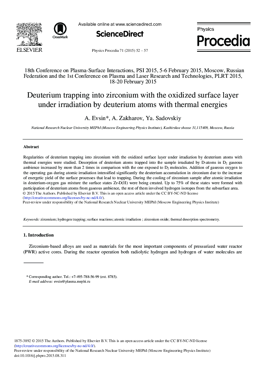 عکس صفحه اول مقاله: Deuterium Trapping into Zirconium with the Oxidized Surface Layer Under Irradiation by Deuterium Atoms with Thermal Energies Deuterium Trapping into Zirconium with the Oxidized Surface Layer Under Irradiation by Deuterium Atoms with Thermal Energies