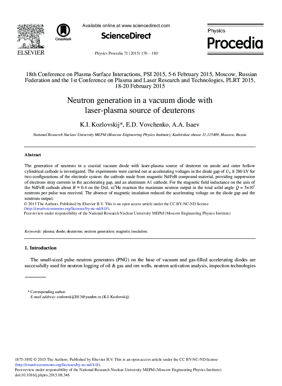 عکس صفحه اول مقاله: Neutron Generation in a Vacuum Diode with Laser-plasma Source of Deuterons Neutron Generation in a Vacuum Diode with Laser-plasma Source of Deuterons