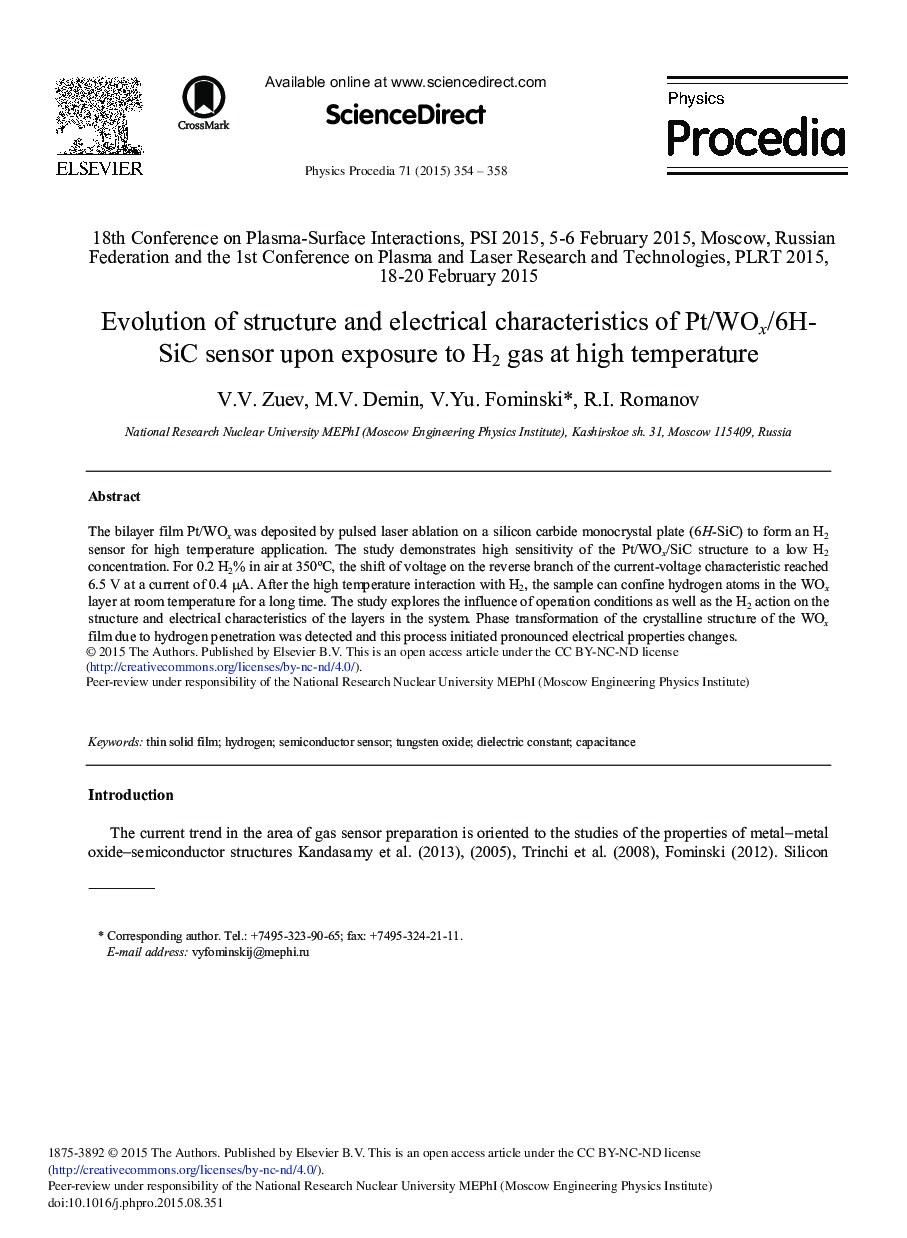 Evolution of Structure and Electrical Characteristics of Pt/WOx/6H-SiC Sensor Upon Exposure to H2 Gas at High Temperature