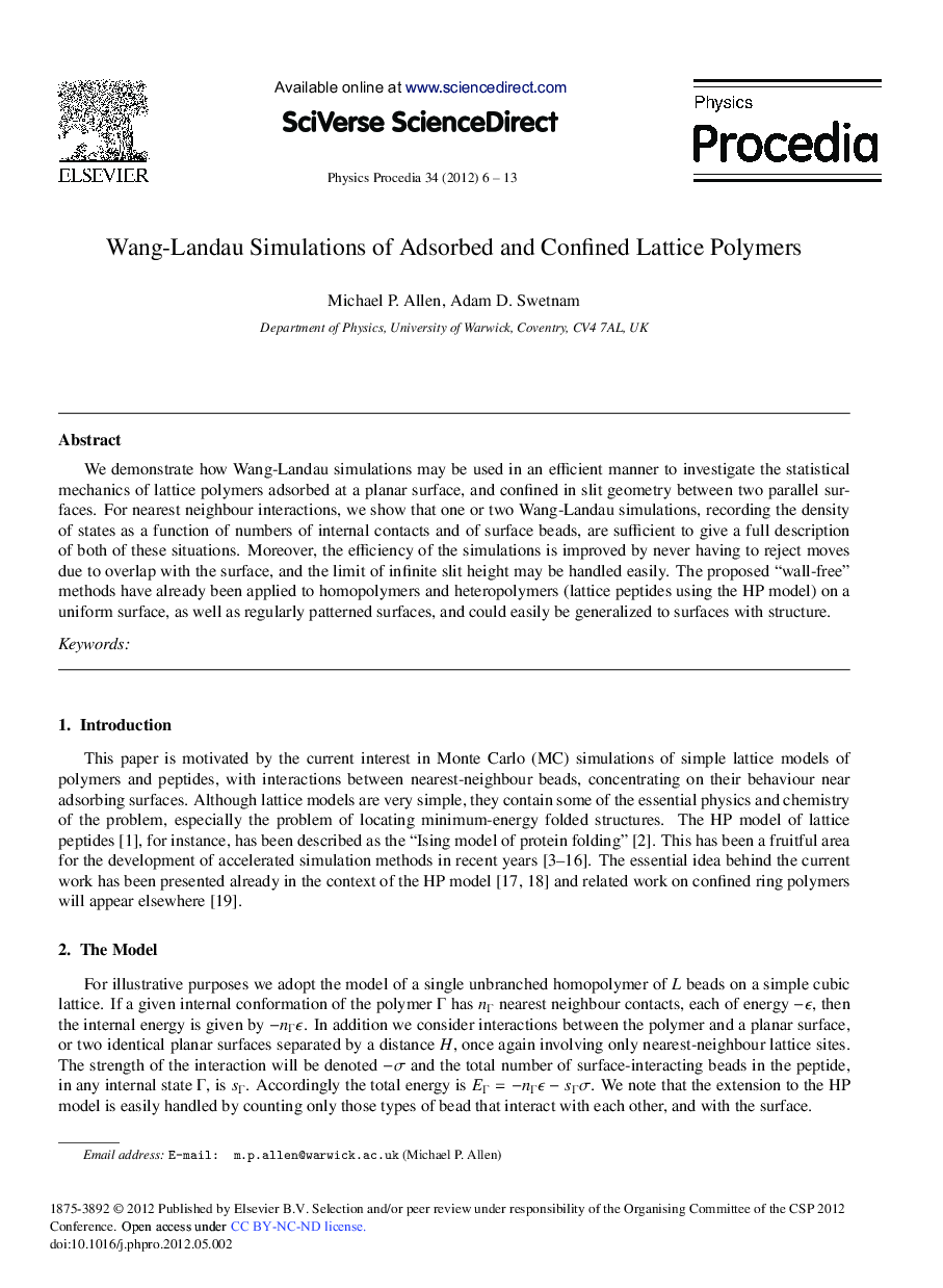 عکس صفحه اول مقاله: Wang-Landau Simulations of Adsorbed and Confined Lattice Polymers Wang-Landau Simulations of Adsorbed and Confined Lattice Polymers