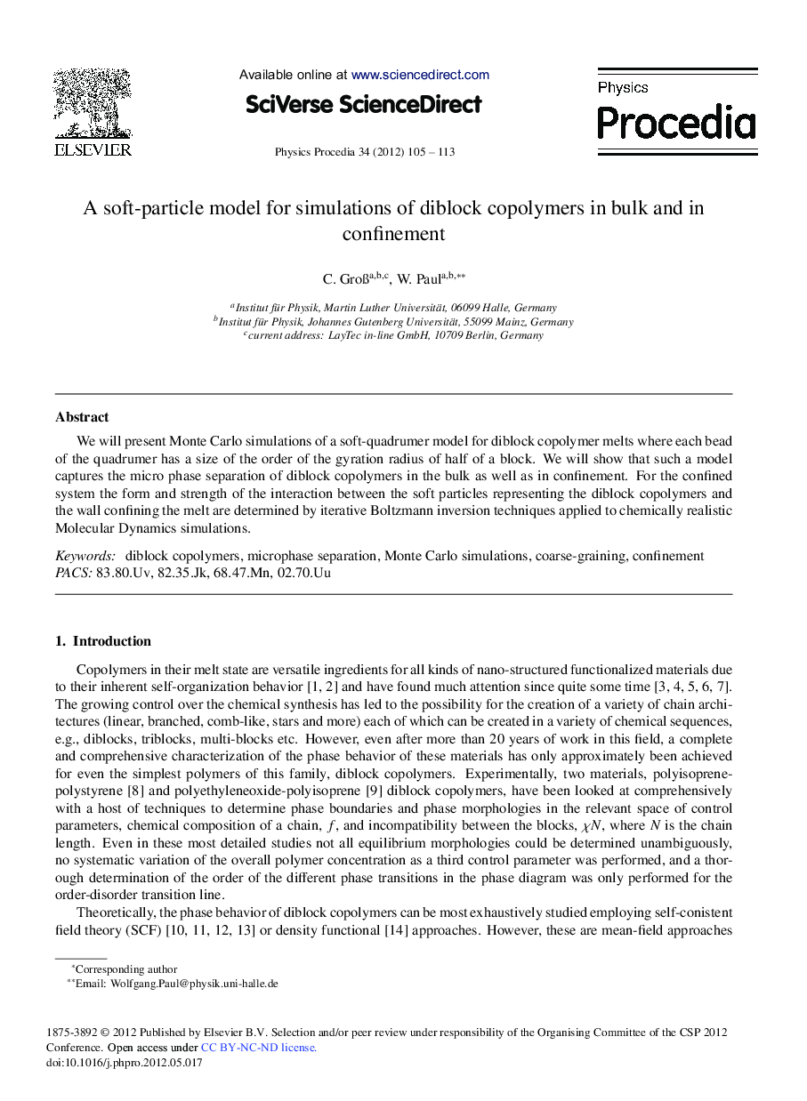 عکس صفحه اول مقاله: A Soft-Particle Model for Simulations of Diblock Copolymers in Bulk and in Confinement A Soft-Particle Model for Simulations of Diblock Copolymers in Bulk and in Confinement