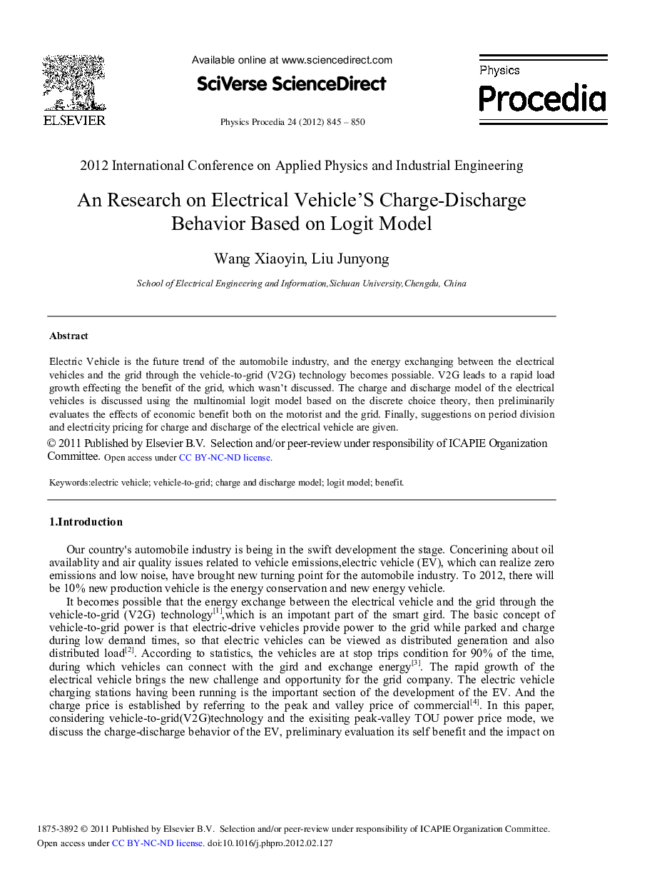 An Research on Electrical Vehicle'S Charge-Discharge Behavior Based on Logit Model