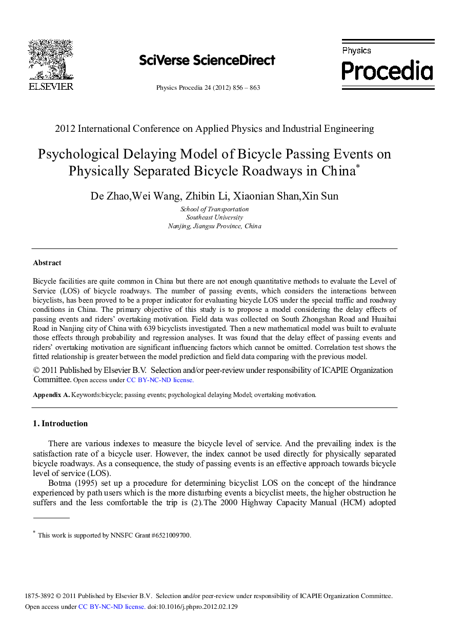 Psychological Delaying Model of Bicycle Passing Events on Physically Separated Bicycle Roadways in China*