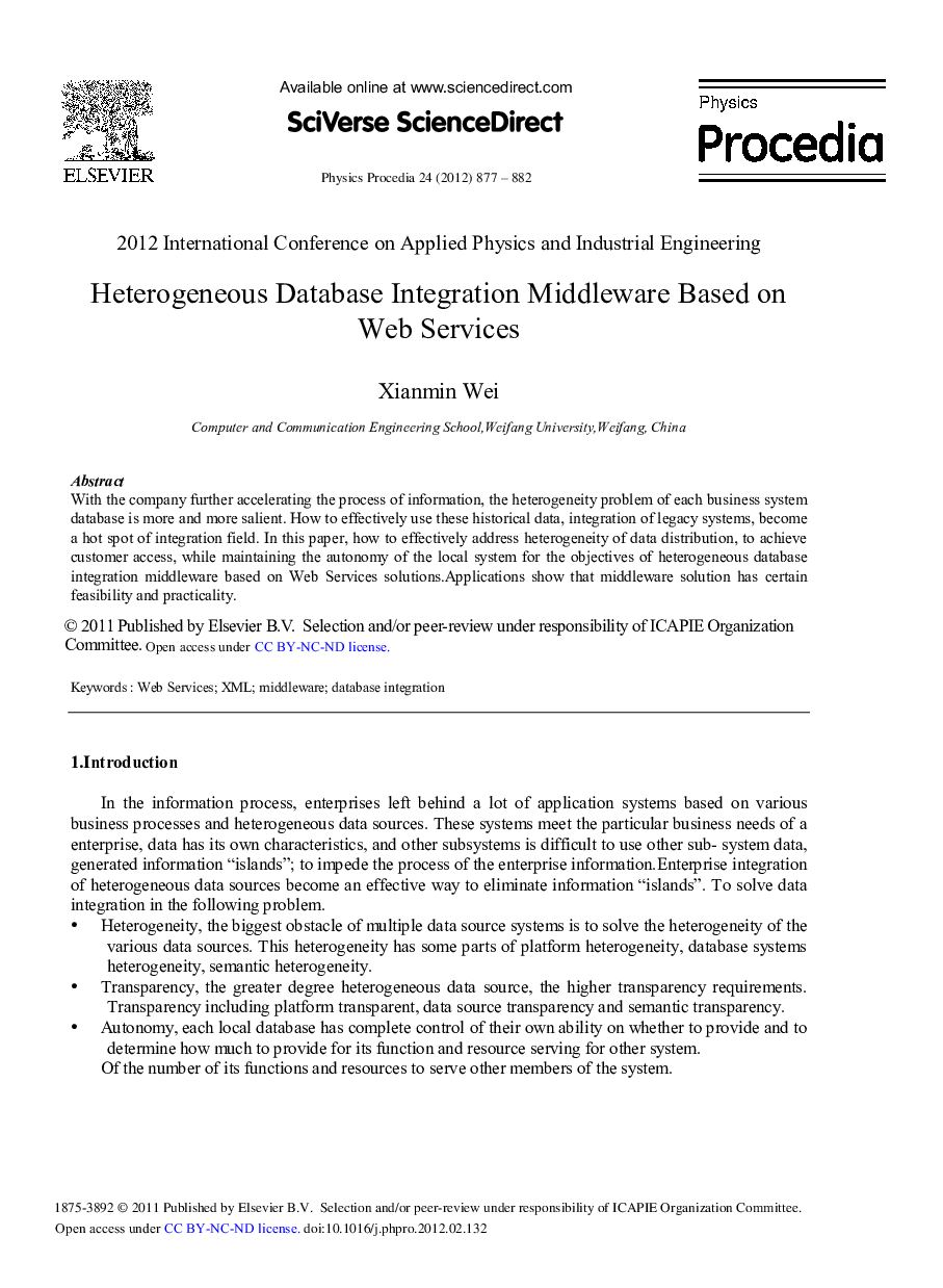 Heterogeneous Database Integration Middleware Based on Web Services