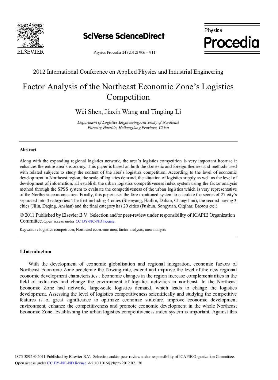 Factor Analysis of the Northeast Economic Zone's Logistics Competition
