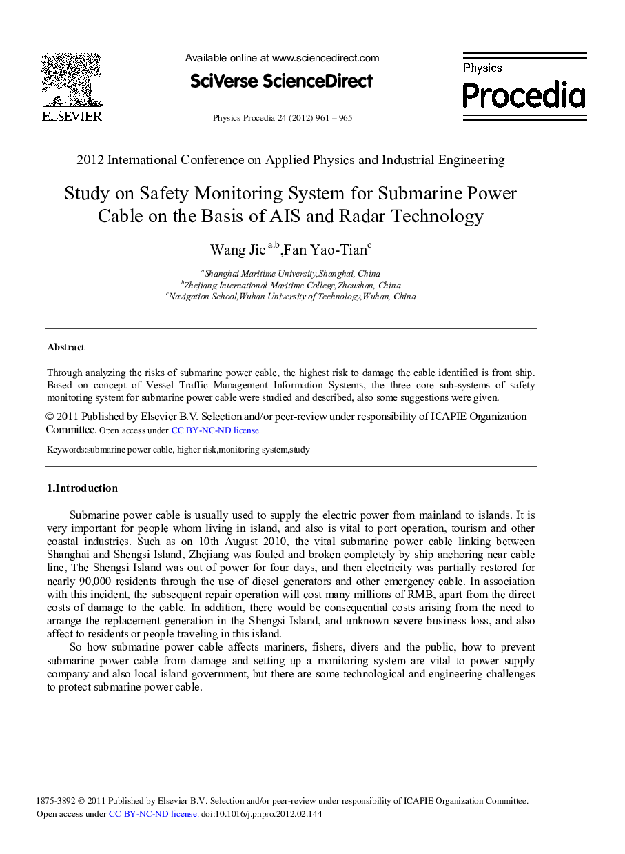 Study on Safety Monitoring System for Submarine Power Cable on the Basis of AIS and Radar Technology