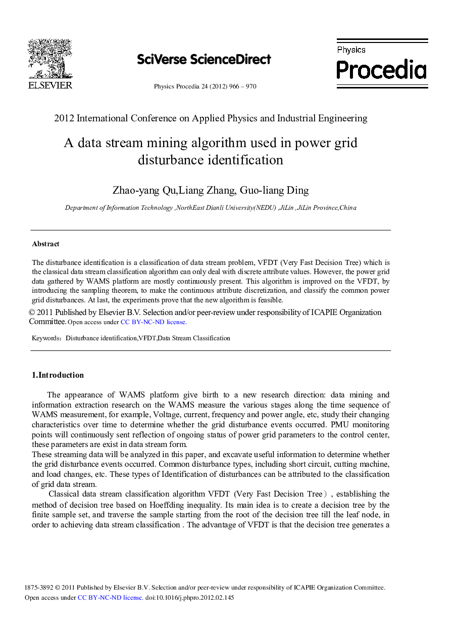 A data stream mining algorithm used in power grid disturbance identification