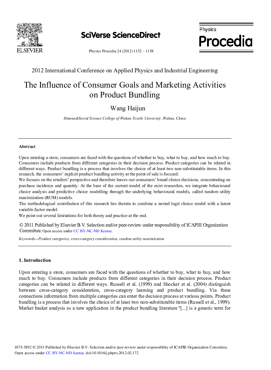 The Influence of Consumer Goals and Marketing Activities on Product Bundling