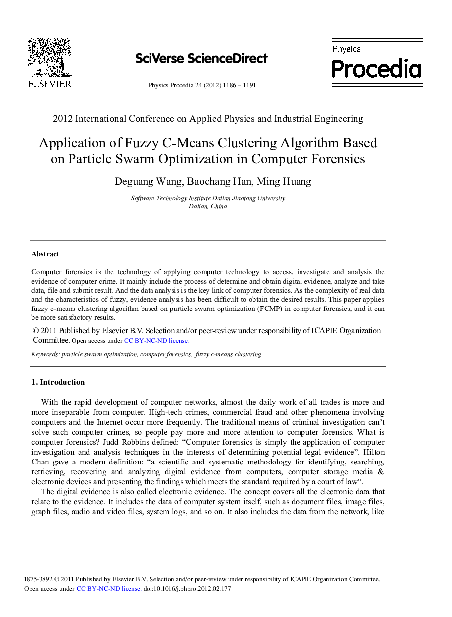Application of Fuzzy C-Means Clustering Algorithm Based on Particle Swarm Optimization in Computer Forensics