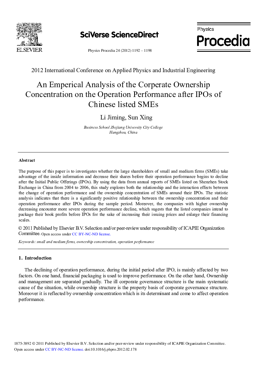 An Emperical Analysis of the Corperate Ownership Concentration on the Operation Performance after IPOs of Chinese listed SMEs