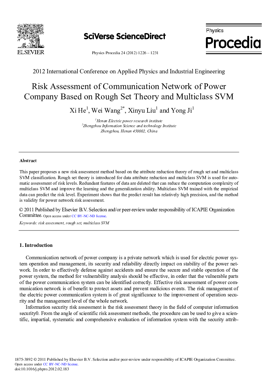 Risk Assessment of Communication Network of Power Company Based on Rough Set Theory and Multiclass SVM