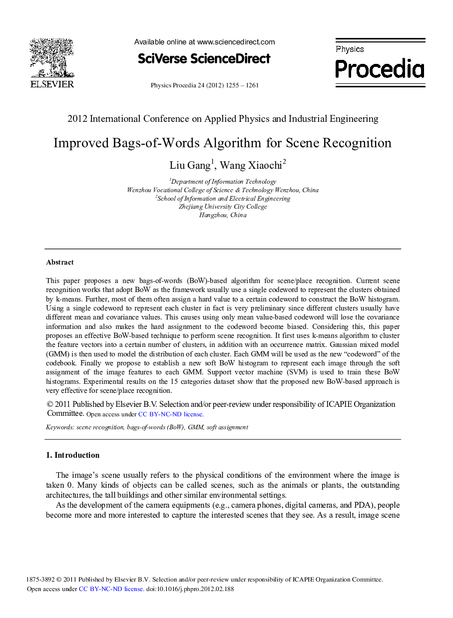 Improved Bags-of-Words Algorithm for Scene Recognition