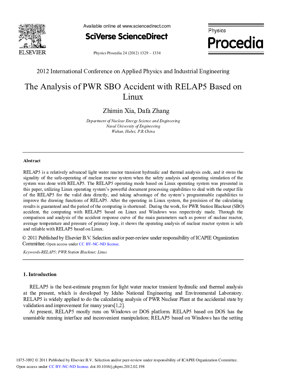 The Analysis of PWR SBO Accident with RELAP5 Based on Linux