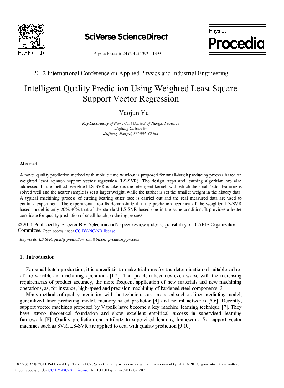 Intelligent Quality Prediction Using Weighted Least Square Support Vector Regression