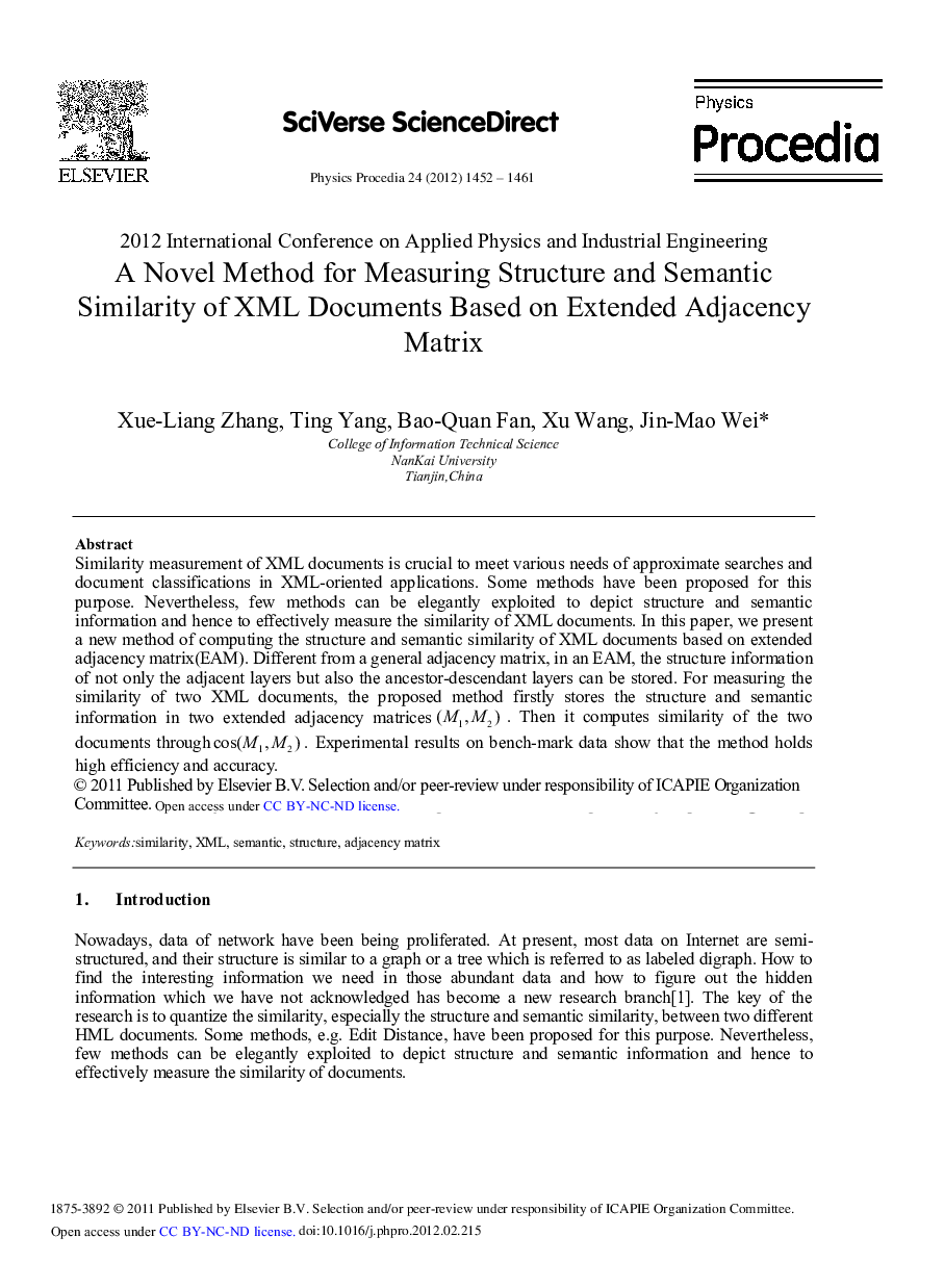 Novel Method for Measuring Structure and Semantic Similarity of XML Documents Based on Extended Adjacency Matrix