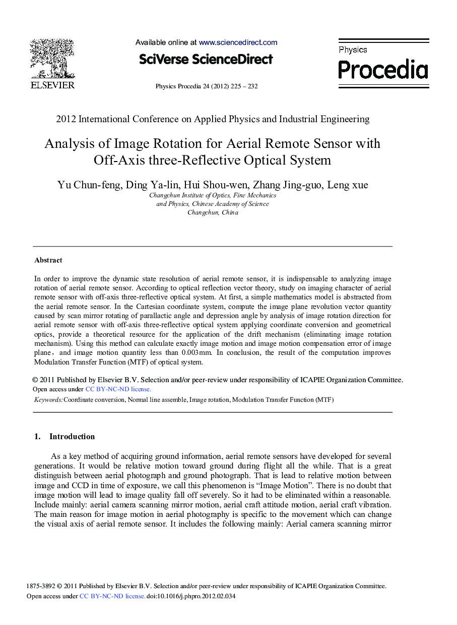 Analysis of Image Rotation for Aerial Remote Sensor with Off-Axis three-Reflective Optical System