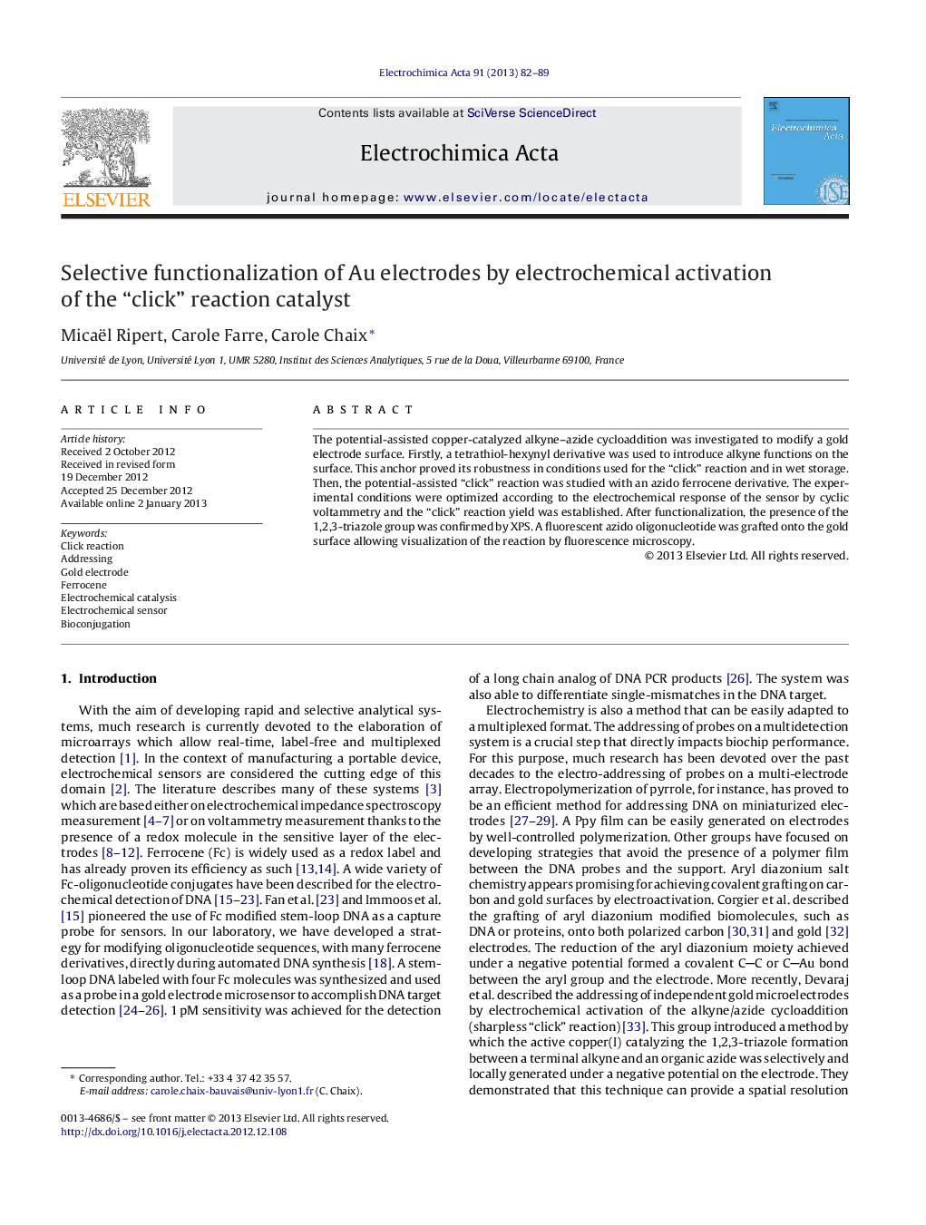 Selective functionalization of Au electrodes by electrochemical activation of the “click” reaction catalyst