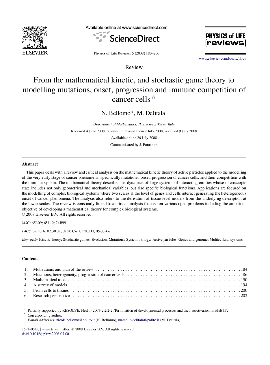 From the mathematical kinetic, and stochastic game theory to modelling mutations, onset, progression and immune competition of cancer cells 