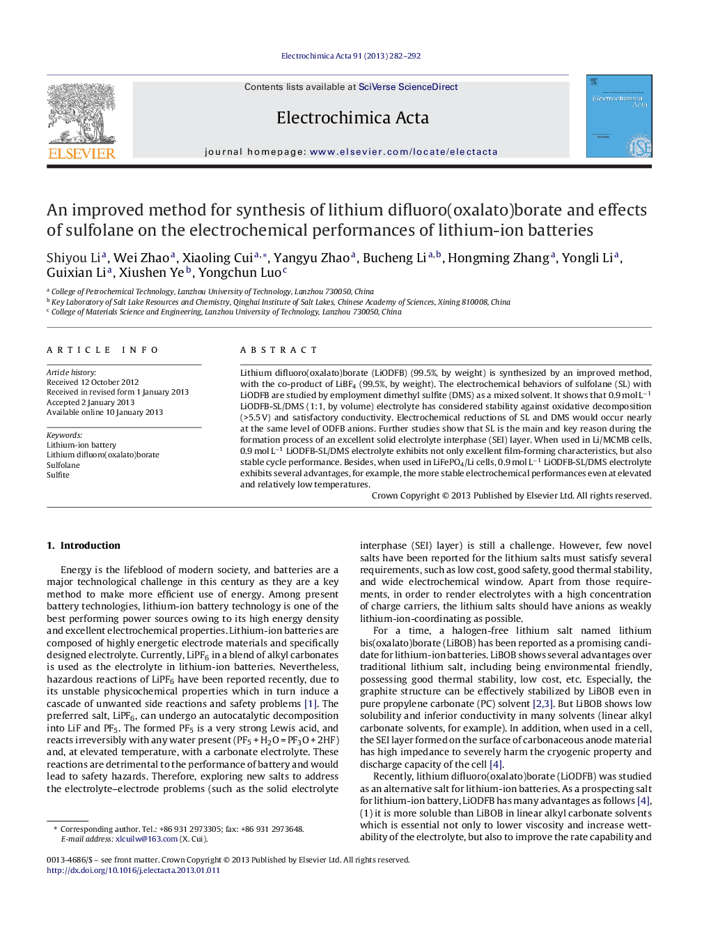 عکس صفحه اول مقاله: An improved method for synthesis of lithium difluoro(oxalato)borate and effects of sulfolane on the electrochemical performances of lithium-ion batteries An improved method for synthesis of lithium difluoro(oxalato)borate and effects of sulfolane on the electrochemical performances of lithium-ion batteries