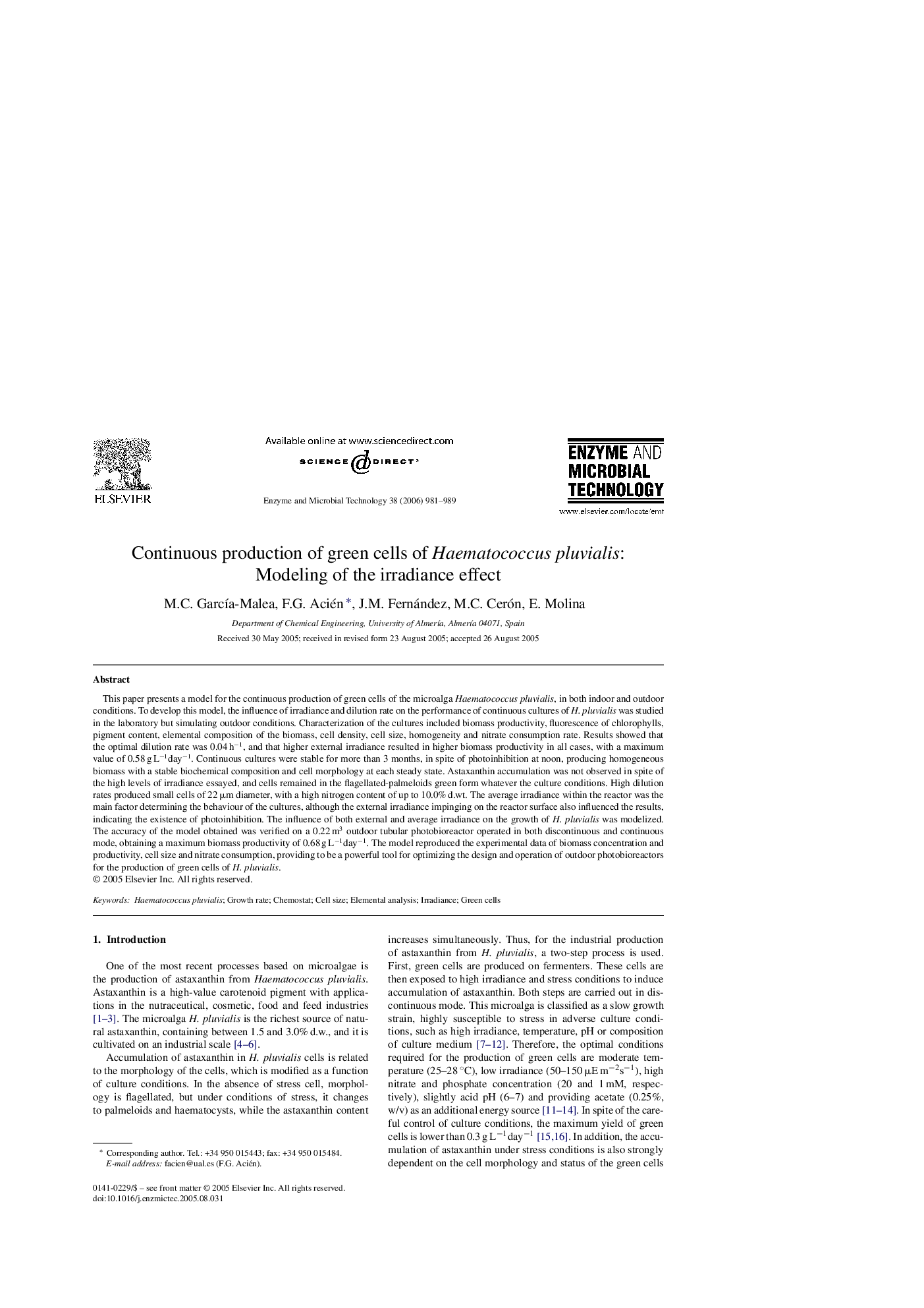 عکس صفحه اول مقاله: Continuous production of green cells of Haematococcus pluvialis: Modeling of the irradiance effect Continuous production of green cells of Haematococcus pluvialis: Modeling of the irradiance effect