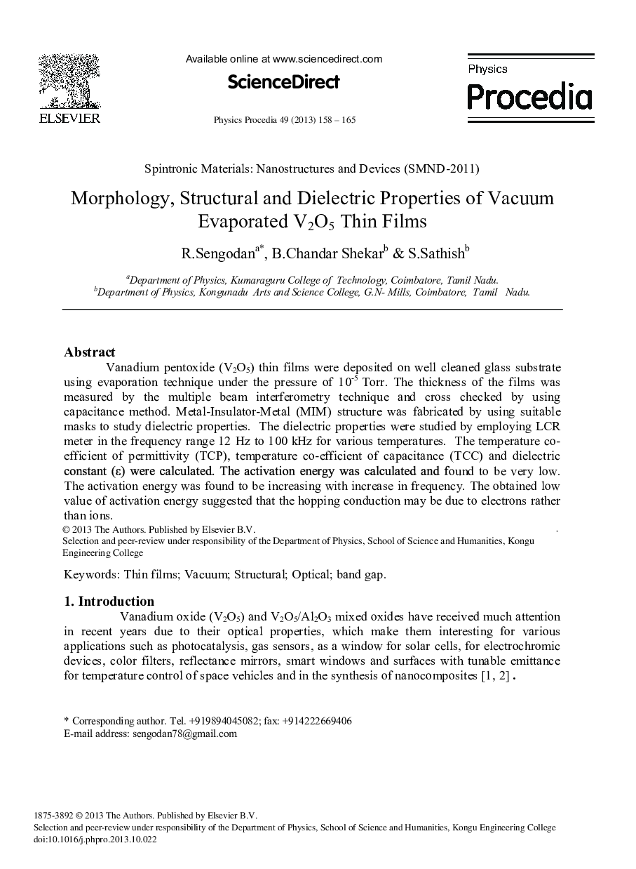 Morphology, Structural and Dielectric Properties of Vacuum Evaporated V2O5 Thin Films