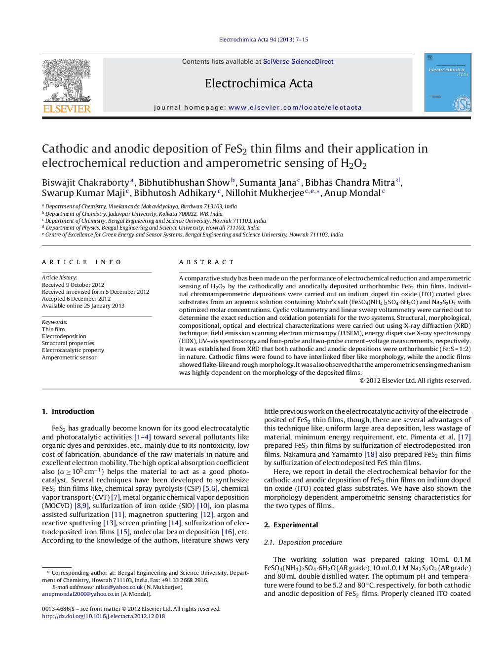 Cathodic and anodic deposition of FeS2 thin films and their application in electrochemical reduction and amperometric sensing of H2O2