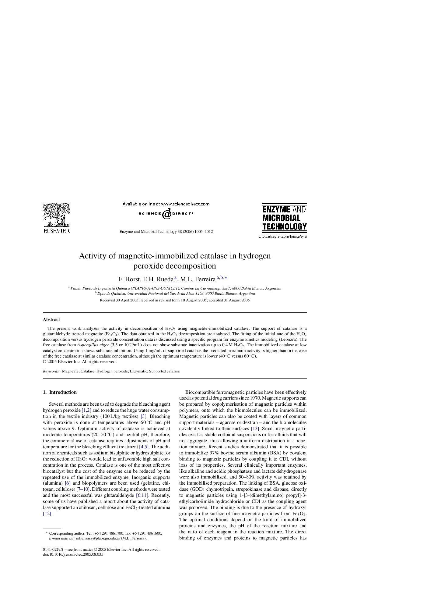 Activity of magnetite-immobilized catalase in hydrogen peroxide decomposition