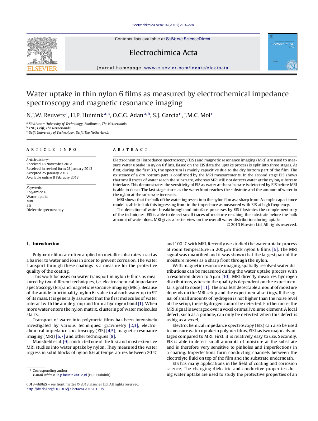 عکس صفحه اول مقاله: Water uptake in thin nylon 6 films as measured by electrochemical impedance spectroscopy and magnetic resonance imaging Water uptake in thin nylon 6 films as measured by electrochemical impedance spectroscopy and magnetic resonance imaging