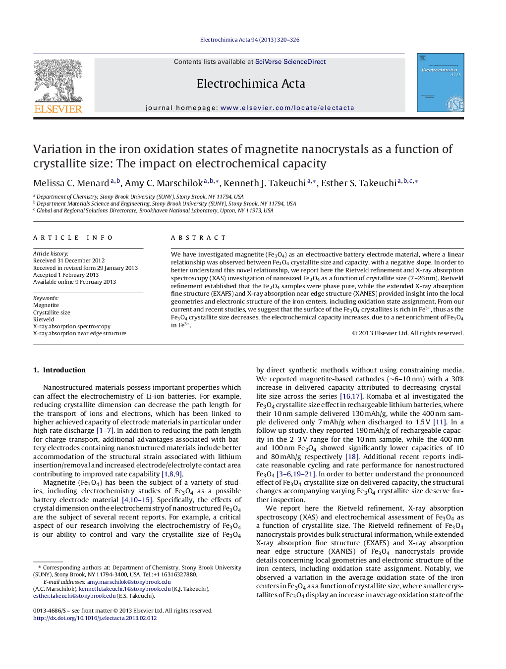 Variation in the iron oxidation states of magnetite nanocrystals as a function of crystallite size: The impact on electrochemical capacity