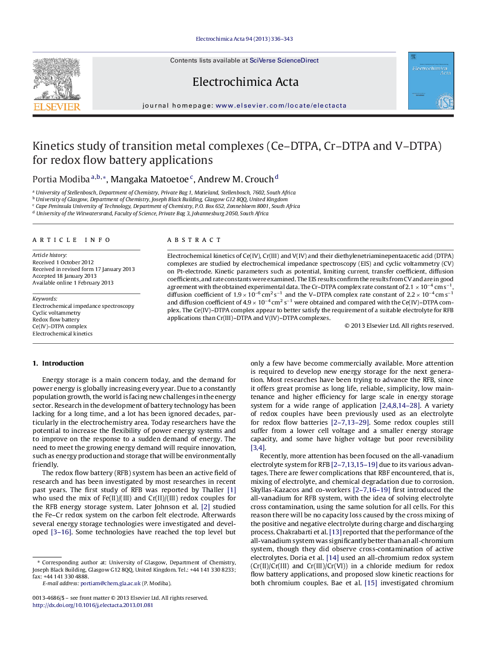 Kinetics study of transition metal complexes (Ce–DTPA, Cr–DTPA and V–DTPA) for redox flow battery applications