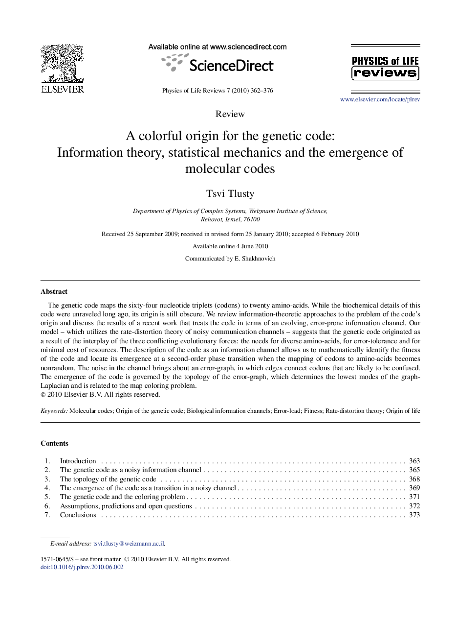 A colorful origin for the genetic code: Information theory, statistical mechanics and the emergence of molecular codes