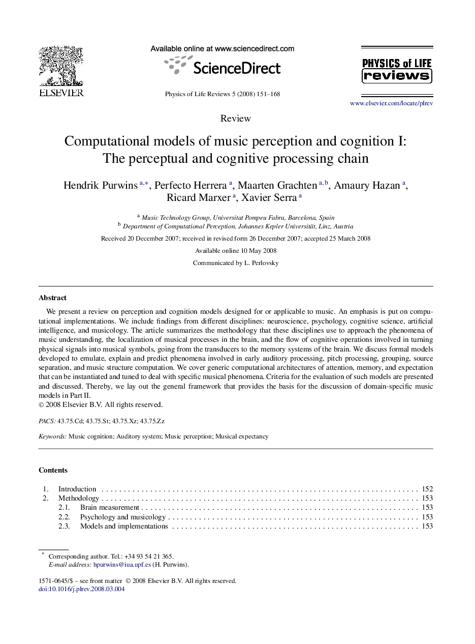 Computational models of music perception and cognition I: The perceptual and cognitive processing chain