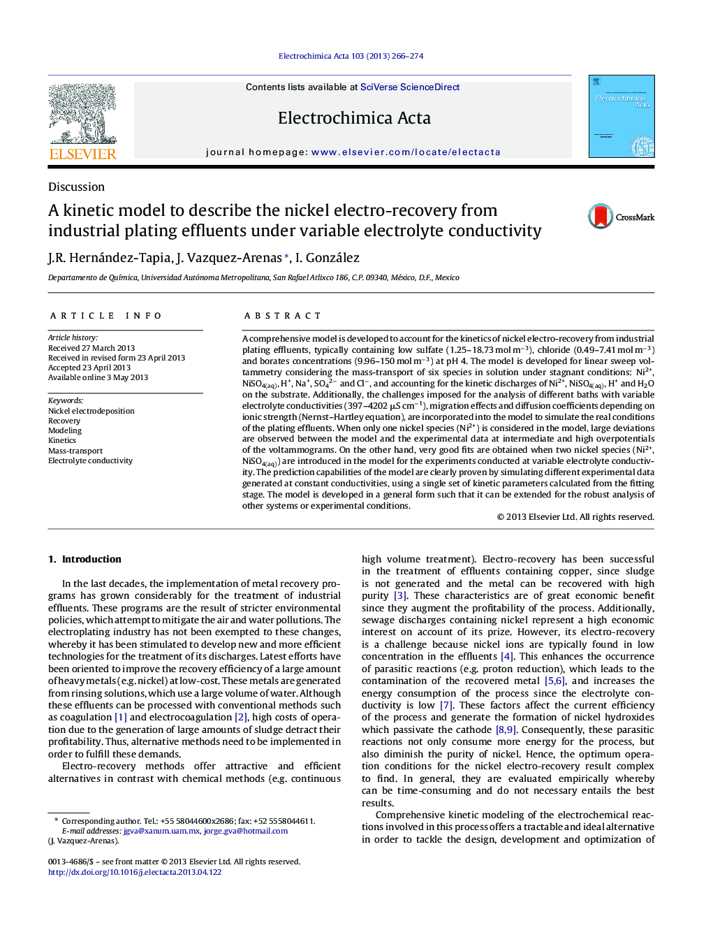 A kinetic model to describe the nickel electro-recovery from industrial plating effluents under variable electrolyte conductivity