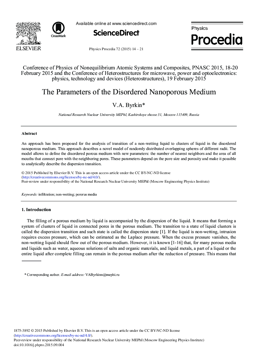 The Parameters of the Disordered Nanoporous Medium 