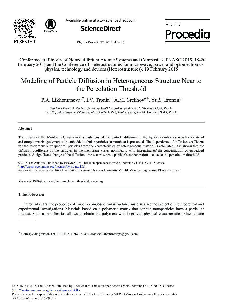 Modeling of Particle Diffusion in Heterogeneous Structure Near to the Percolation Threshold 