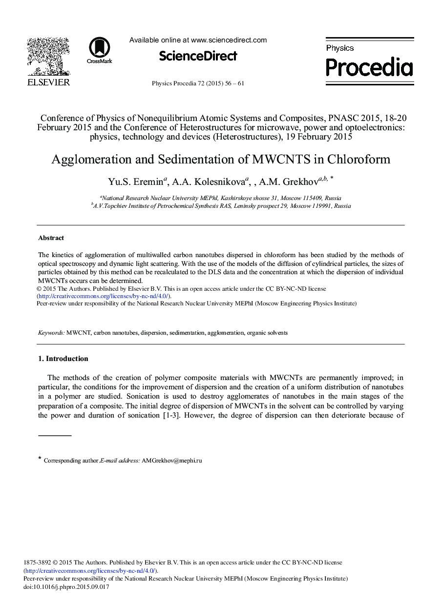 Agglomeration and Sedimentation of MWCNTS in Chloroform 