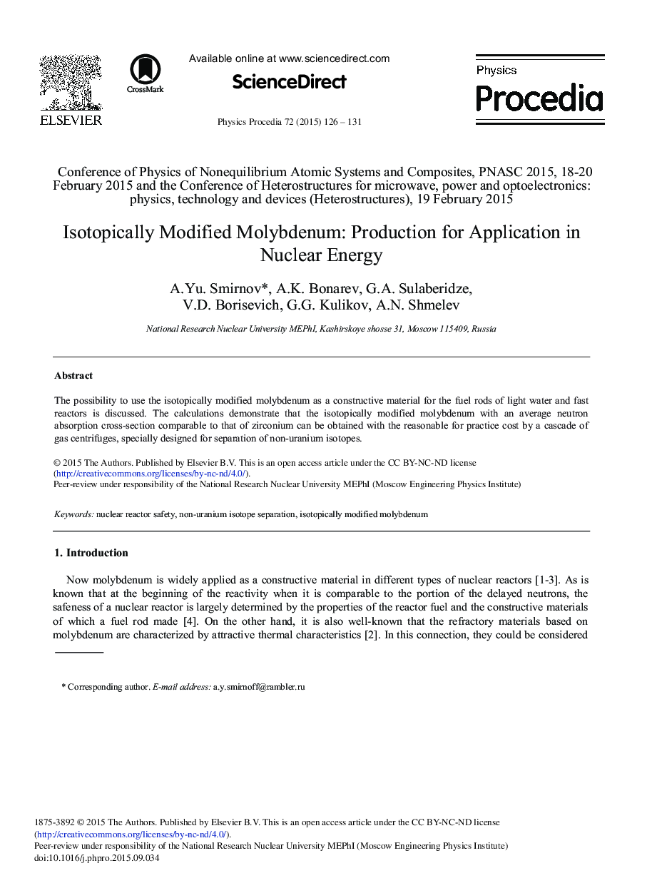 Isotopically Modified Molybdenum: Production for Application in Nuclear Energy 