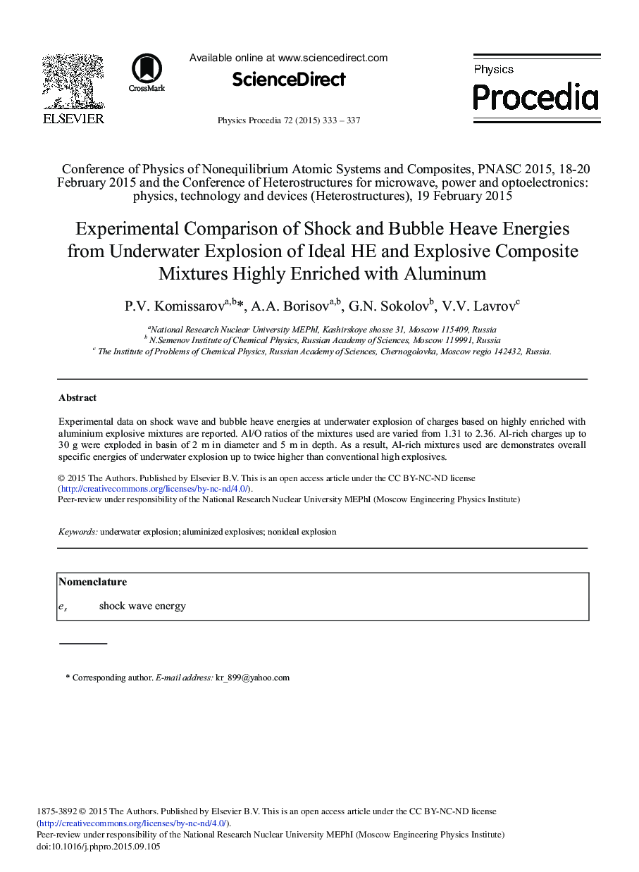 Experimental Comparison of Shock and Bubble Heave Energies from Underwater Explosion of Ideal HE and Explosive Composite Mixtures Highly Enriched with Aluminum 