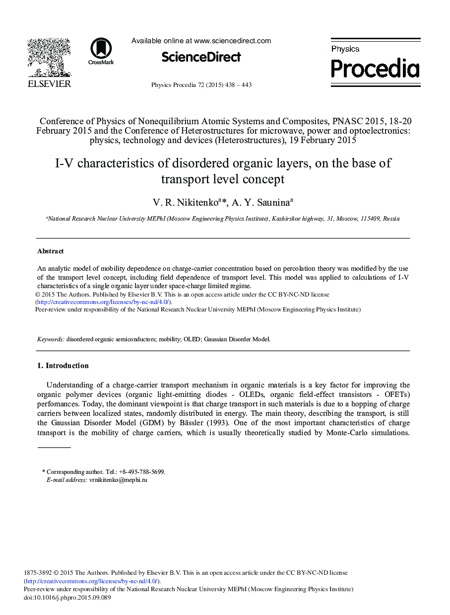 I-V Characteristics of Disordered Organic Layers, on the Base of Transport Level Concept 