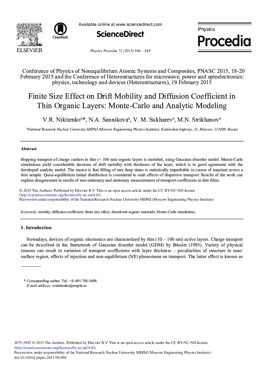 Finite Size Effect on Drift Mobility and Diffusion Coefficient in Thin Organic Layers: Monte-Carlo and Analytic Modeling 