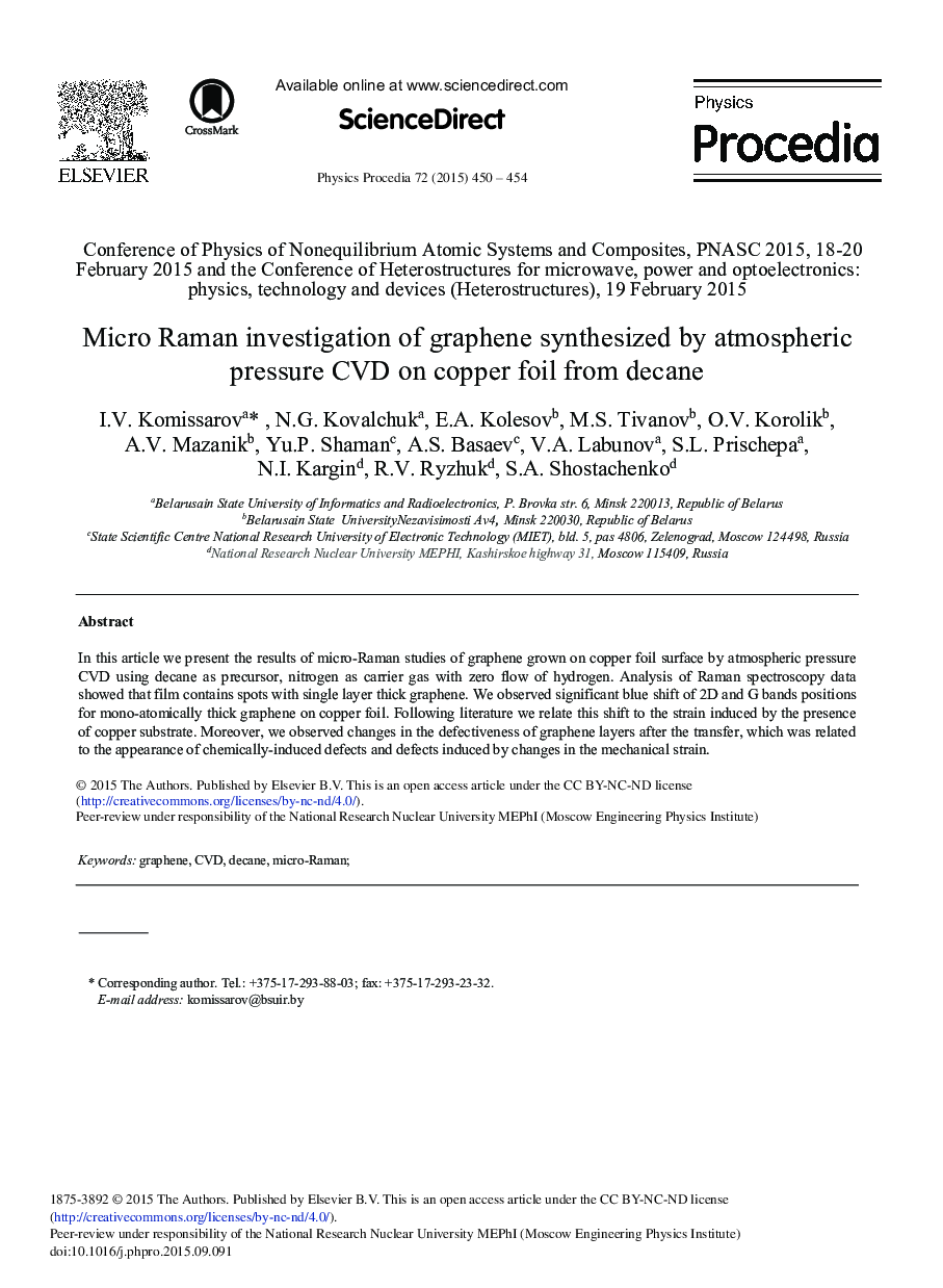 Micro Raman Investigation of Graphene Synthesized by Atmospheric Pressure CVD on Copper Foil from Decane 