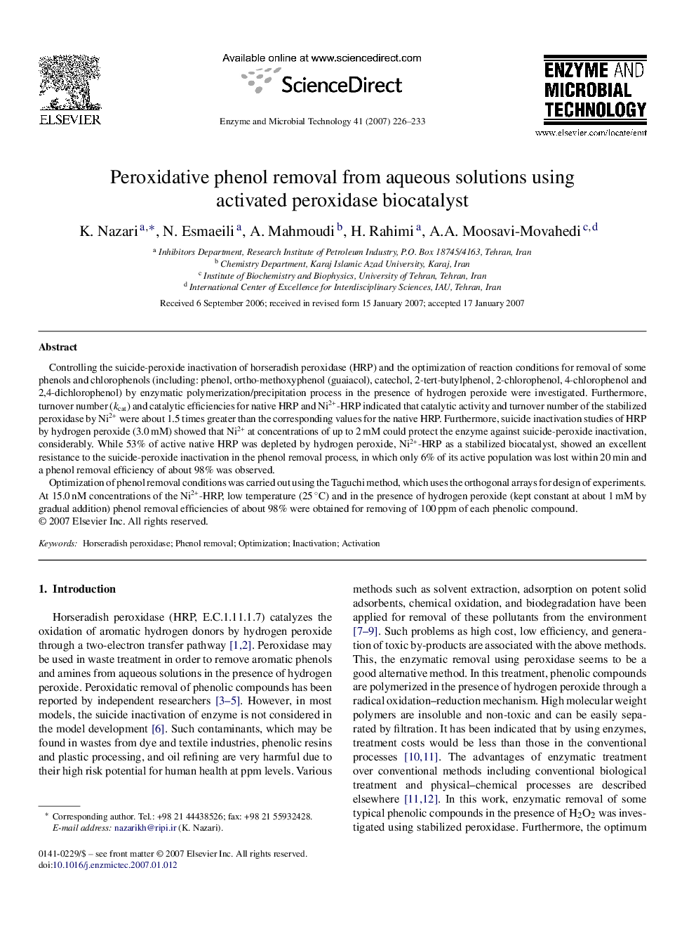 Peroxidative phenol removal from aqueous solutions using activated peroxidase biocatalyst