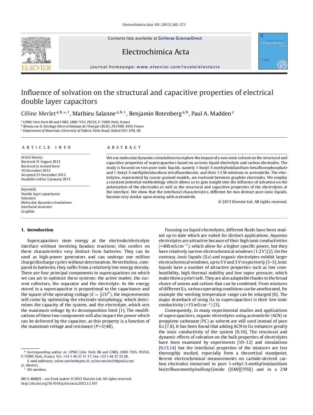 عکس صفحه اول مقاله: Influence of solvation on the structural and capacitive properties of electrical double layer capacitors Influence of solvation on the structural and capacitive properties of electrical double layer capacitors