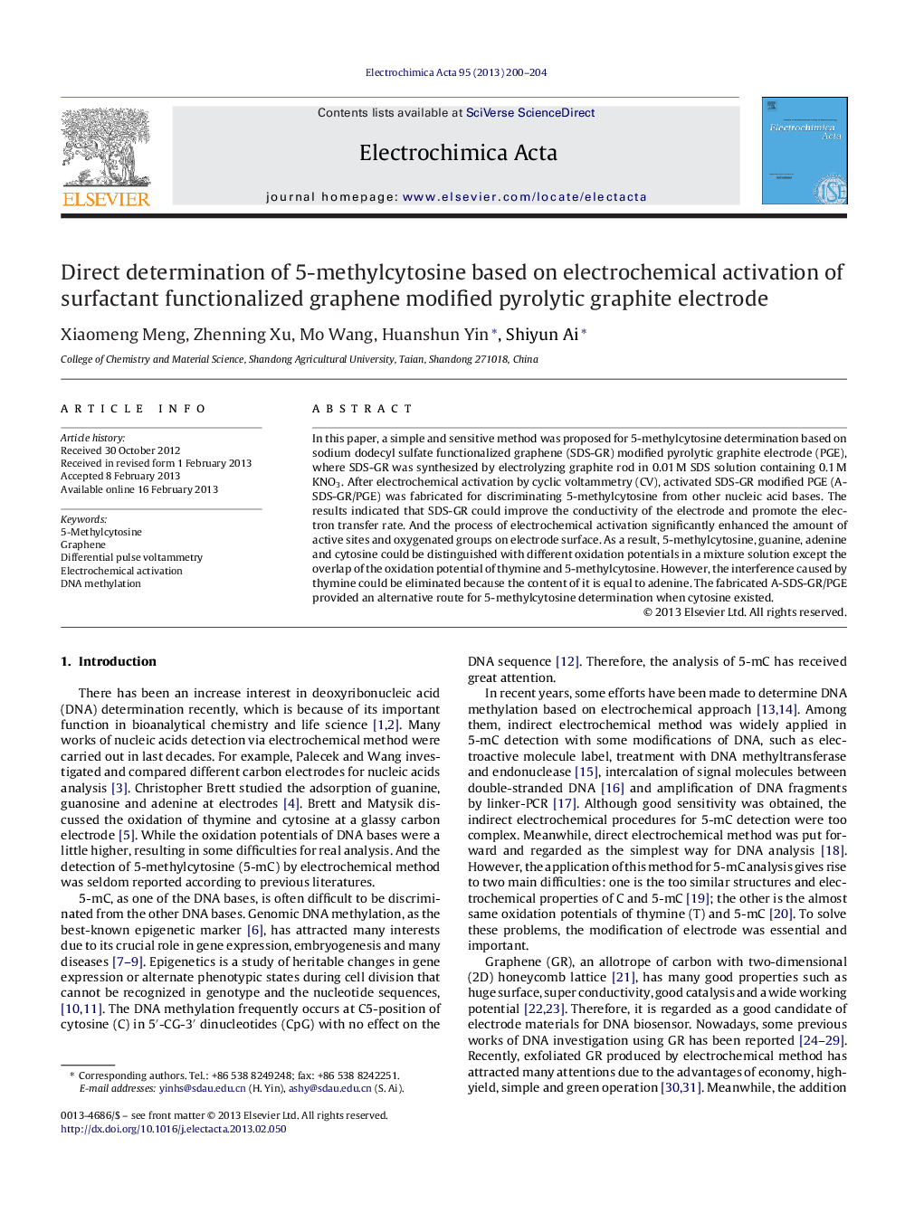 Direct determination of 5-methylcytosine based on electrochemical activation of surfactant functionalized graphene modified pyrolytic graphite electrode