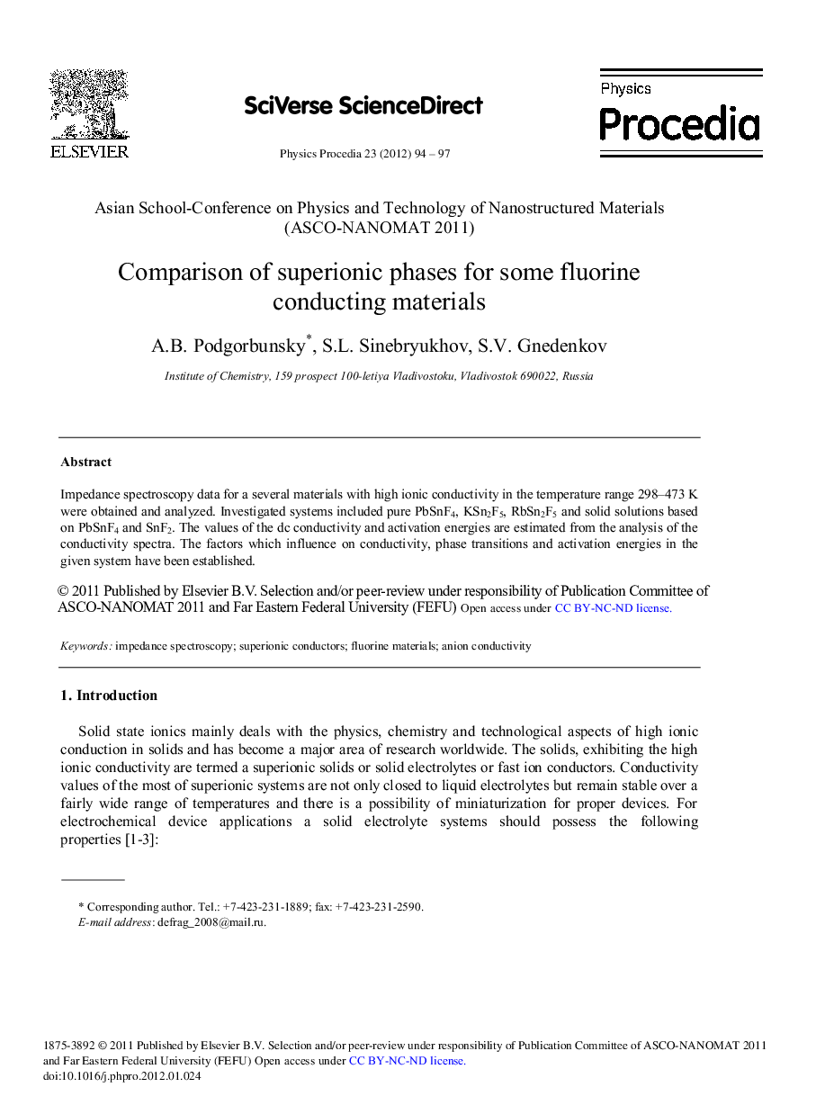عکس صفحه اول مقاله: Comparison of superionic phases for some fluorine conducting materials Comparison of superionic phases for some fluorine conducting materials