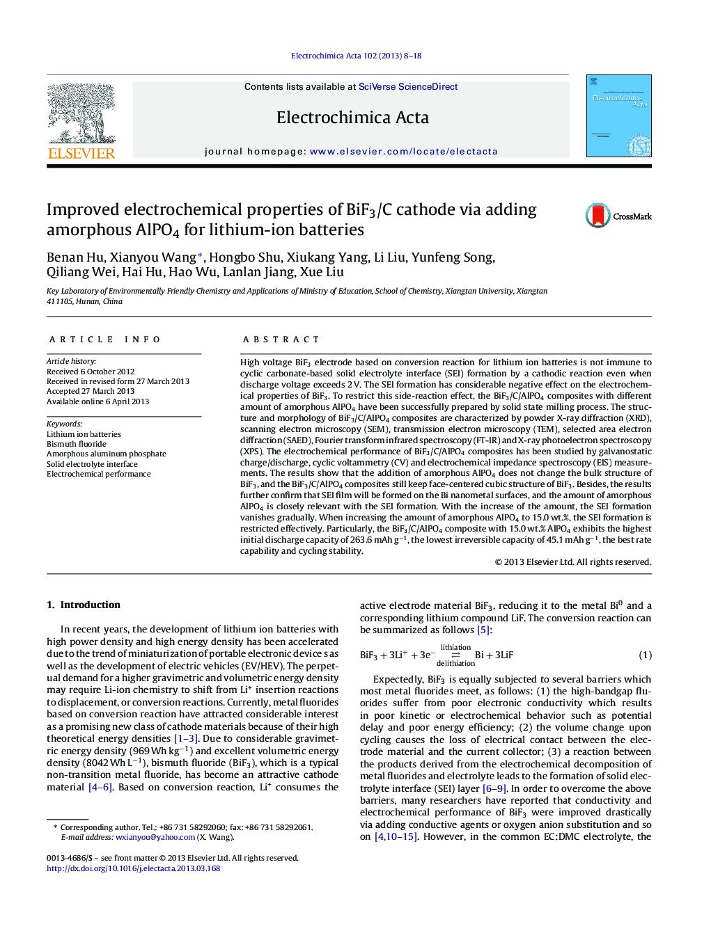 Improved electrochemical properties of BiF3/C cathode via adding amorphous AlPO4 for lithium-ion batteries