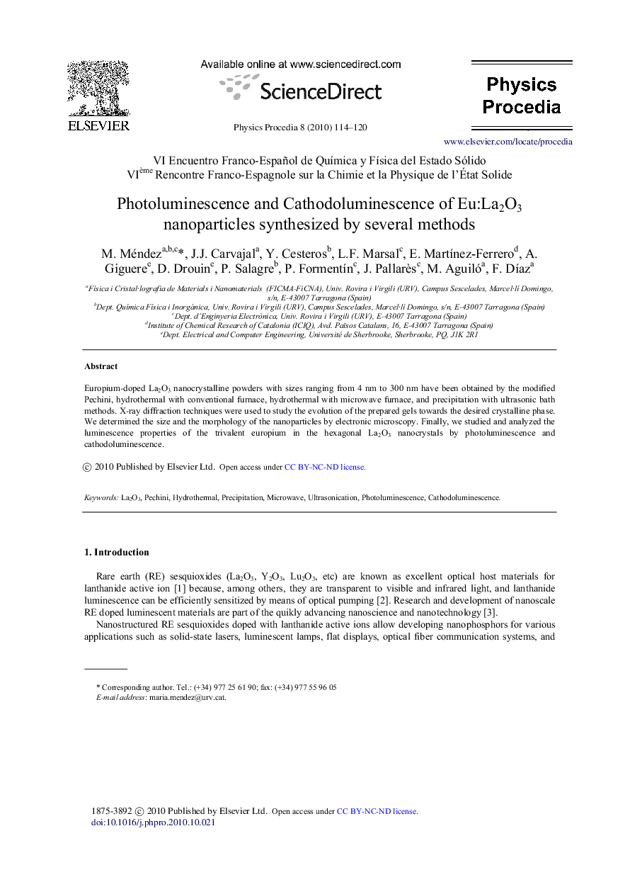 عکس صفحه اول مقاله: Photoluminescence and cathodoluminescence of Eu: La2O3 nanoparticles synthesized by several methods Photoluminescence and cathodoluminescence of Eu: La2O3 nanoparticles synthesized by several methods