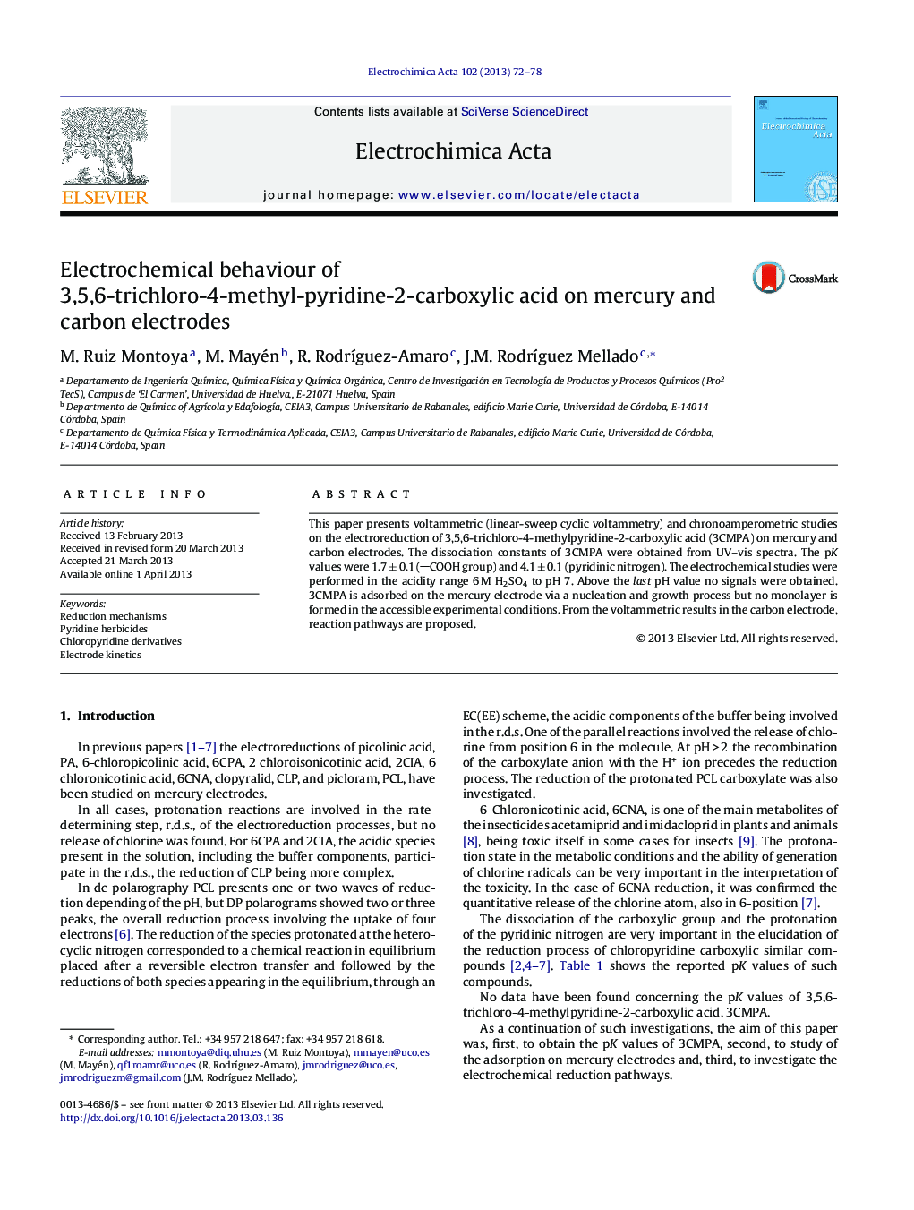 Electrochemical behaviour of 3,5,6-trichloro-4-methyl-pyridine-2-carboxylic acid on mercury and carbon electrodes