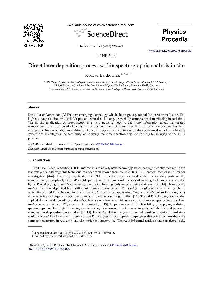 Direct laser deposition process within spectrographic analysis in situ